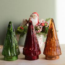 položky Mini skleněný vánoční stromeček LED červená zelená hnědá 18cm 3 ks
