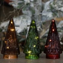 položky Mini skleněný vánoční stromeček LED červená zelená hnědá 18cm 3 ks