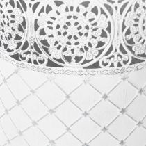 položky Květináč s krajkovým vzorem, kovová nádoba, dekorativní kyblík, bílá, stříbrná, shabby chic, V 28/25,5/23,5 cm, Ø 29,5/25,5/20 cm, sada 3 ks