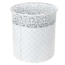 položky Květináč s krajkovým vzorem, kovová nádoba, dekorativní kyblík, bílá, stříbrná, shabby chic, V 28/25,5/23,5 cm, Ø 29,5/25,5/20 cm, sada 3 ks