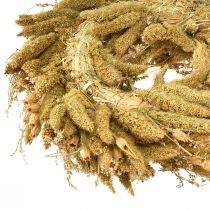 položky Dekorativní sušený věnec s štětičkami a prosem v žluto-olivově zelené barvě, přírodní venkovský styl, Ø28cm, univerzální dekorace na zeď i stůl