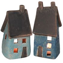položky Domeček s lucernou keramický domeček modrý hnědý H15,5/17,5cm 2 ks