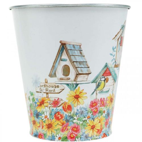 položky Kovový květináč s motivem, květináč s ptačí budkami, plechové vědro V13cm Ø11,5cm