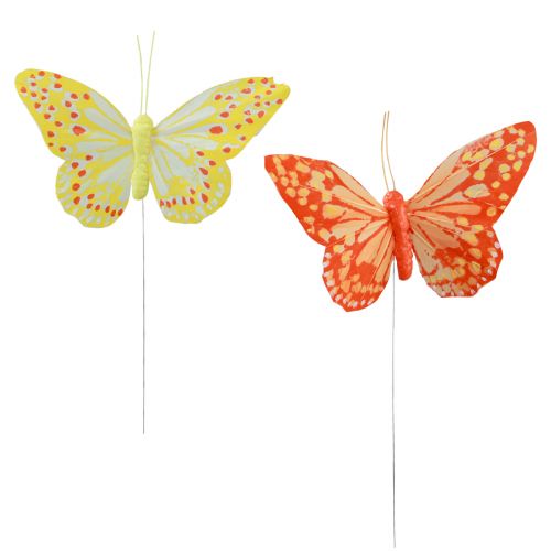 Dekorativní motýlci na drátěných peříčkách oranžově žlutá 7×11cm 12ks