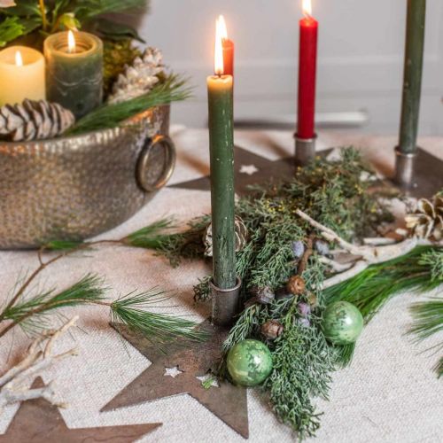 položky Kovová dekorace hvězda, kuželový svícen na vánoční stříbro, starožitný vzhled 20cm × 19,5cm