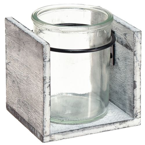 položky Stojan na čajovou svíčku ze skla v rustikálním dřevěném rámu - šedo-bílý, 10x9x10cm - okouzlující stolní dekorace 3 kusy