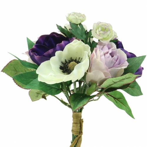 Kytice se sasankami a růžemi fialová, krémová 30cm
