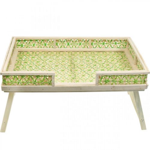 položky Podnos na postel z bambusu, servírovací podnos skládací, dřevěný podnos s pleteným vzorem zeleno-přírodní barvy 51,5×37cm