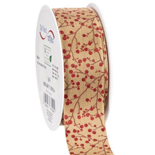 Dekorativní stuha s větvičkami a červenými třpytivými bobulemi, 40 mm x 15 m