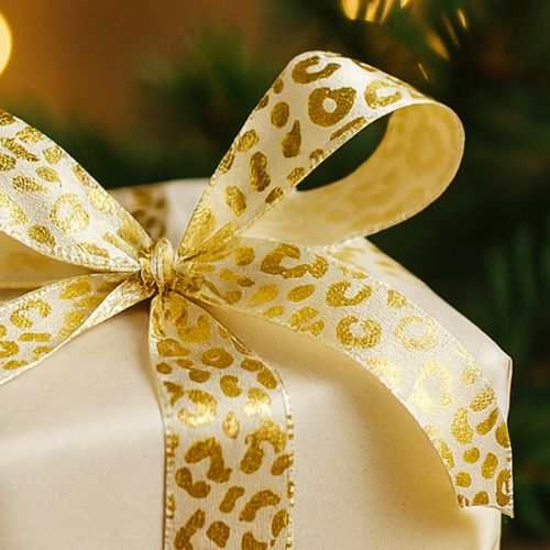 položky Hedvábná stuha s leopardím vzorem, krémově zlatá, 15 mm, 18 m