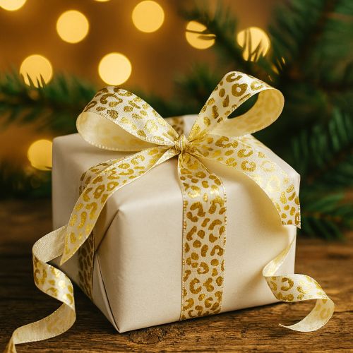 položky Hedvábná stuha s leopardím vzorem, krémově zlatá, 15 mm, 18 m