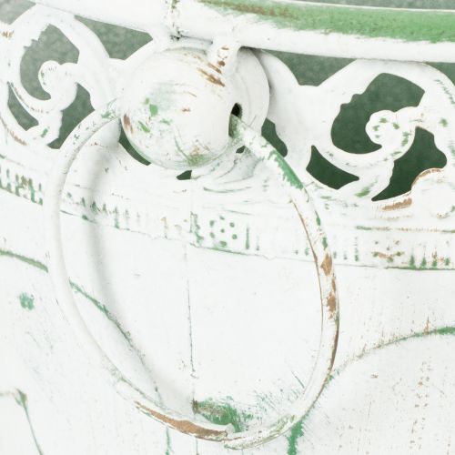 položky Kovový květináč s reliéfním vzorem a úchyty, bílý a zelený, styl shabby chic, V 22/19,5/17,5 cm, Ø 25,5/20,5/15,5 cm, sada 3 ks