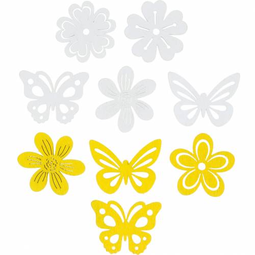položky Květiny a motýli na posyp žluté, bílé dřevěné posypové dekorace jarní dekorace 72ks