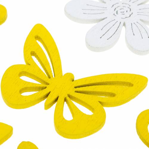 Květiny a motýli na posyp žluté, bílé dřevěné posypové dekorace jarní dekorace 72ks