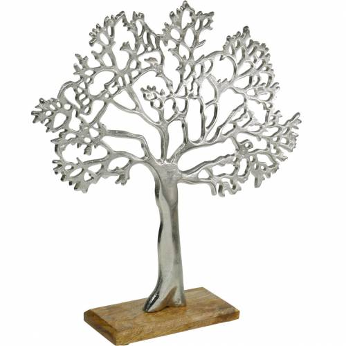 Floristik24 Kovový stromeček, dekorativní buk na dřevěném podstavci, stříbrná kovová dekorace, strom života, mangové dřevo