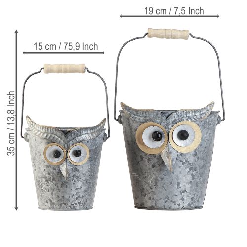 položky Dekorativní květináč sova zinek s rukojetí Ø15/19cm, sada 2 ks