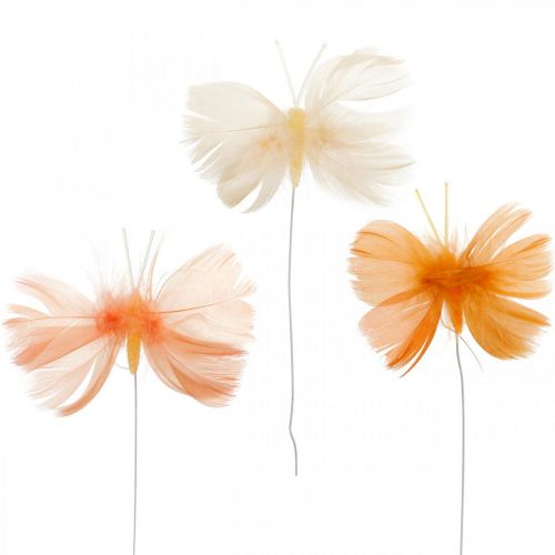 Floristik24 Motýlci v odstínech oranžové, jarní dekorace Motýlci z peří na drátě 6ks