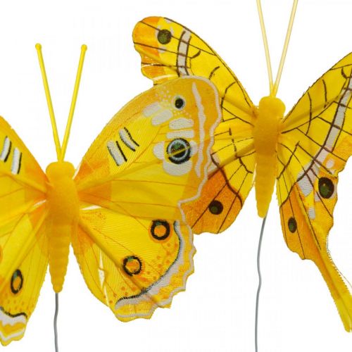 položky Ozdobní motýlci motýlek žluté pírko na drátě 7,5cm 6ks