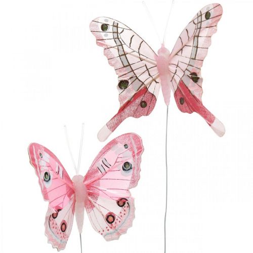Floristik24 Ozdobní motýlci růžový pírkový motýlek na drátě 7,5cm 6ks