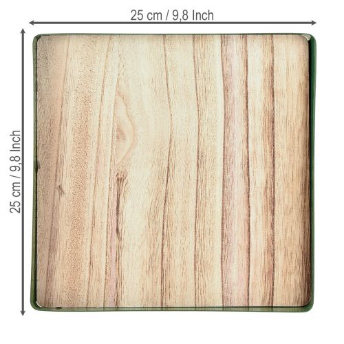 položky Dekorativní kovový podnos čtvercový zelený dřevěný podstavec 25,5×25,5 cm