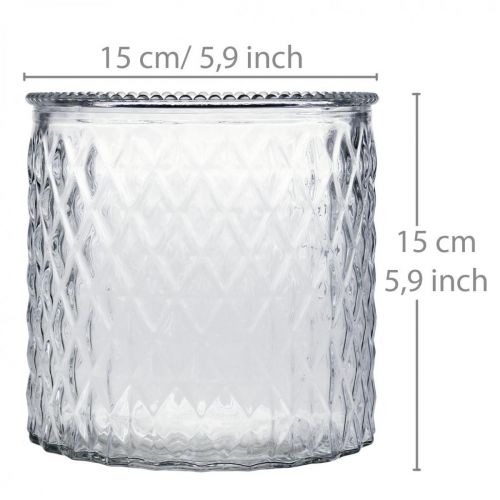 Floristik24 Dekorativní sklo, lucerna s diamantovým vzorem, skleněná nádoba Ø15cm V15cm