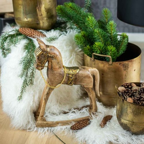 položky Dekorativní houpací koník ze dřeva masivní vánoční příroda, zlatá 28 × 39 × 9,5 cm
