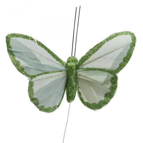 položky Dekorativní motýlci zelené peří motýlci na drátě 10cm 12ks