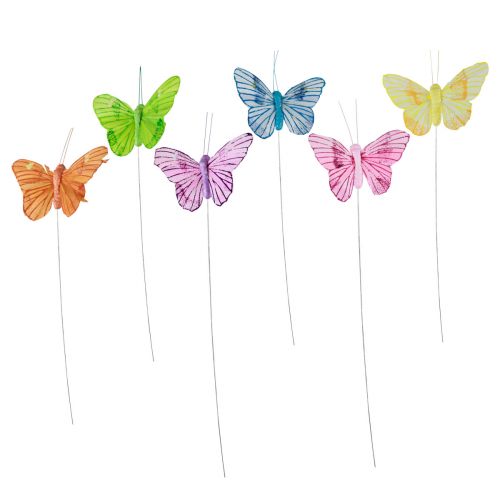 Dekorativní motýlci na drátěných barevných pírkách 5,5×8cm 12ks