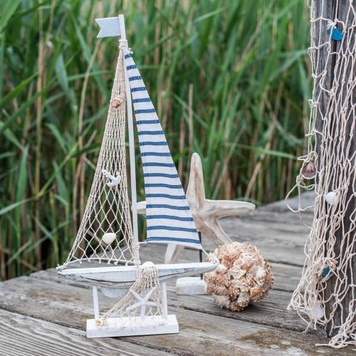 Floristik24 Deco Plachetnice Dřevo Bílá Modrá Námořní Deco Loď 28×3×55cm