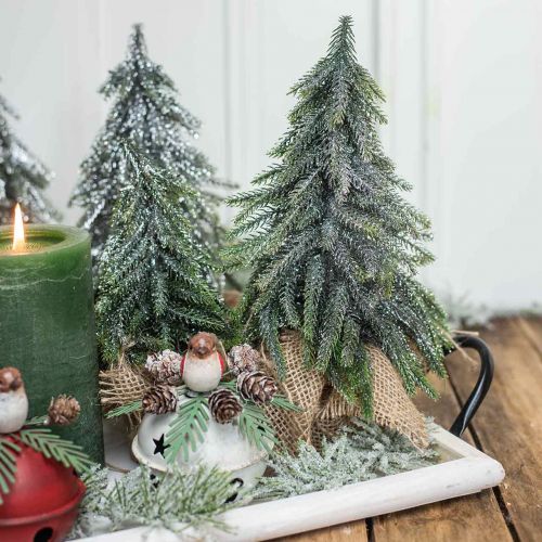 Floristik24 Deco vánoční stromeček mini jedle jutová taštička třpytivá, zelená 26cm