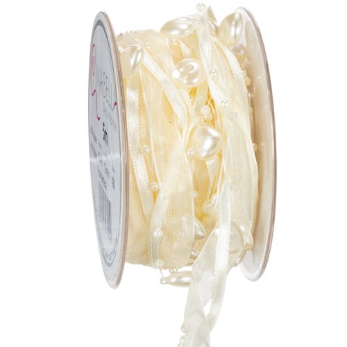 Floristik24 Dekorativní stuha, krémová, srdíčka, perly, svatební dekorace, 10mm, 5m