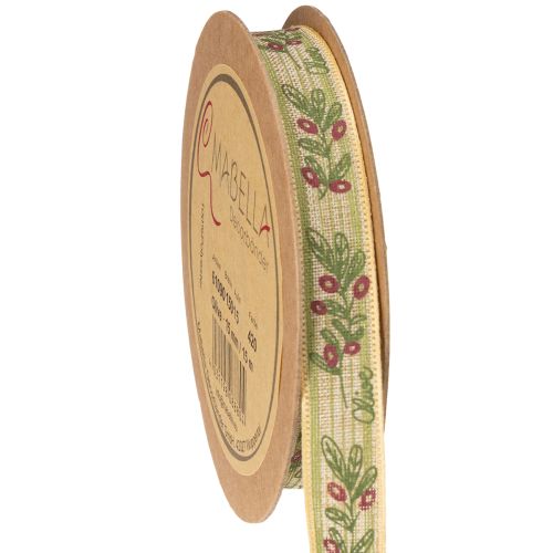 Dárková stuha s olivovou ratolestí a elegantními větvičkami a olivami 1,5 cm 15 m