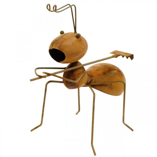 Dekorativní postavička mravenec kovový s hráběmi zahradní dekorace rez 21,5cm