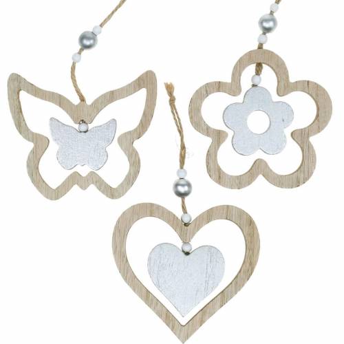 Dekorace věšák srdce květina motýl příroda, stříbrná dřevěná dekorace 6ks