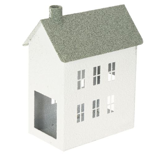 Dekorativní kovový domeček ve tvaru domu s okny a komínem, 22 cm