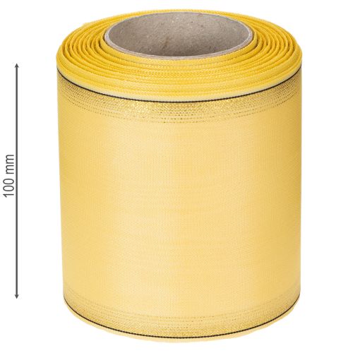 položky Dekorativní moaré věnečková stuha ve žluté barvě se zlatým okrajem, šířka 100 mm, délka 25 m pro floristiku a dekorace