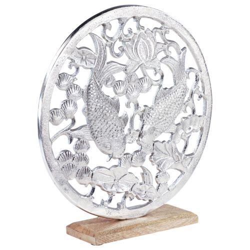 položky Ozdobný prsten kovový dřevěný základ stříbrný lotos koi dekorace Ø32cm