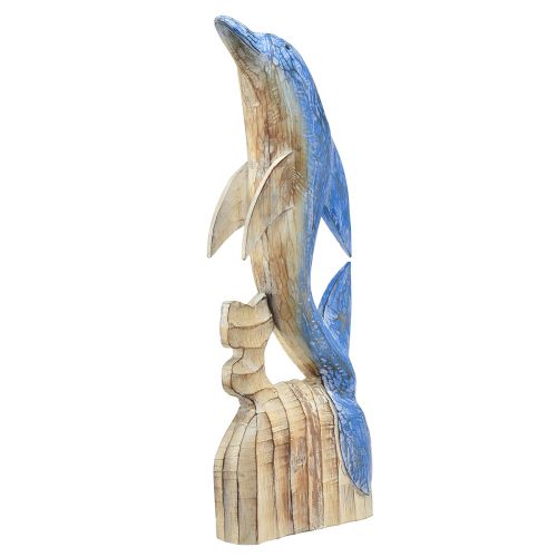 Figurka delfína námořní dřevěná dekorace ručně vyřezávaná modrá V59cm