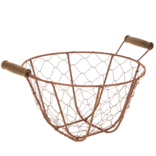 Vintage kulatý drátěný koš s dřevěnými rukojeťmi, kovový koš, rezavá úprava, Ø22cm nakoupit | Floristik24.cz