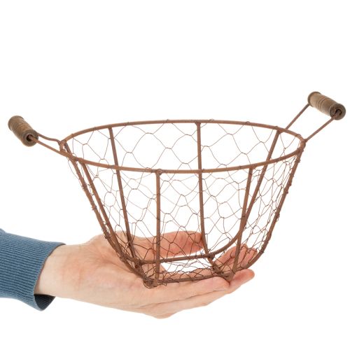 Vintage kulatý drátěný koš s dřevěnými rukojeťmi, kovový koš, rezavá úprava, Ø22cm | Floristik24.cz