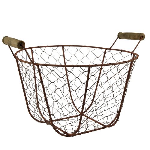 položky Drátěný košík vintage kulatý s rukojetí, rezavý kovový košík Ø26,5 cm