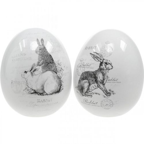 Floristik24 Keramické vajíčko, velikonoční dekorace, kraslice s králíčky bílá, černá Ø10cm H12cm sada 2 ks