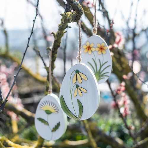 položky Vajíčka na zavěšení, dřevěné kraslice, motiv květin, pampeliška sněženka Winterling H14cm 3ks