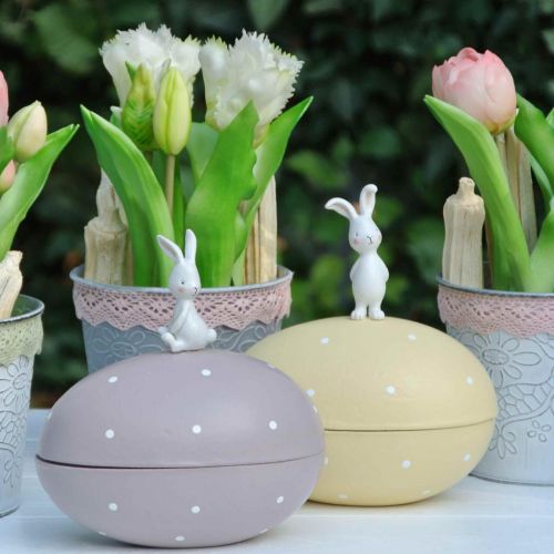 Floristik24 Zajíček na vajíčku, ozdobné vajíčko k vyplnění, Velikonoce, ozdobná krabička žlutá, fialová V17/16cm L15cm sada 2 ks