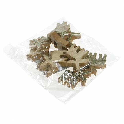 Floristik24 Bodová dekorace Vánoční losí dřevo zlatá, třpytky 5×5,5cm 12 ks