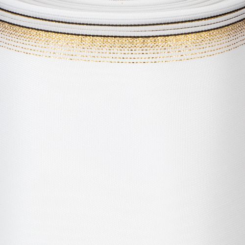 Elegantní moaré věnečková stuha, 200 mm bílá se zlatým perleťovým okrajem a speciální úpravou, 25 m - Ideální pro dekorace a oslavy | Floristik24.cz