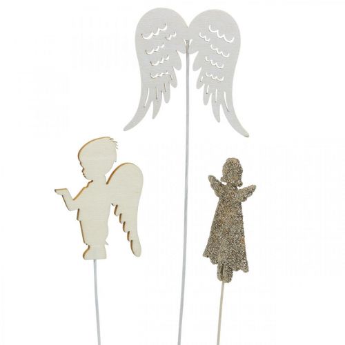 položky Adventní špunt anděl, křídla k nalepení, dřevěný anděl, vánoční dekorace příroda, bílá, zlaté třpytky 18ks