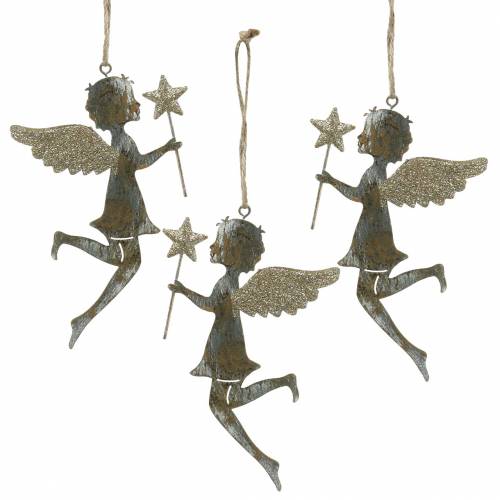 Floristik24 Dekorativní anděl s kouzelnou hůlkou k zavěšení kov zlatý, stříbrný 15,5cm × 9,5cm 3ks