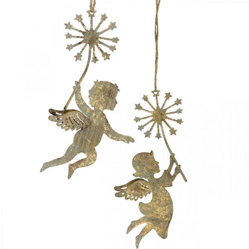 Floristik24 Anděl s pampeliškou, vánoční ozdoba, ozdobný přívěsek, kovová dekorace zlatý antický vzhled V16/15cm 4ks