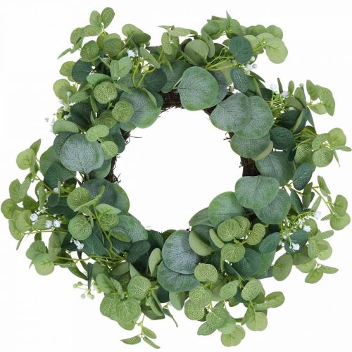 Dekorativní věnec eukalyptus zelené bílé květy umělé Ø45cm